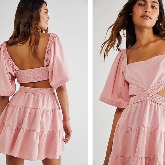 Free People Cross Of Sunlight Puff Sleeves,Cutout Waist Mini Dress XL - Picture 3 of 10